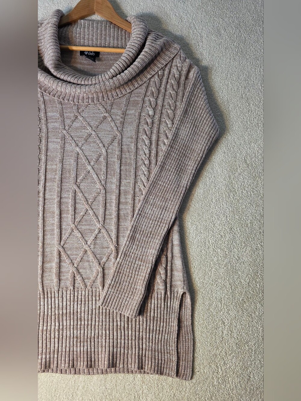 Y2K Deb Beige Cable Knit Cowl Neck Long Sweater Side Slits Nordic Neutral L